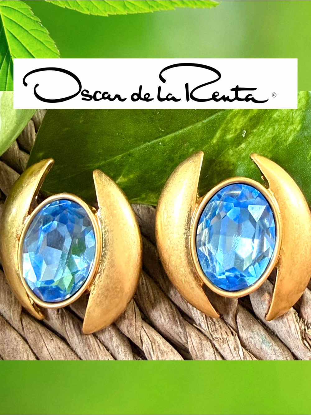 Oscar de la Renta Oval Stone Earrings Goldtone Lt Sapphire Crystal Cabochon Post